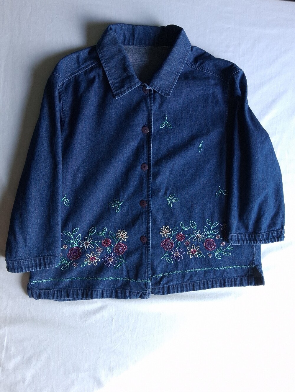 Floral Embroidered Denim Button Up Shirt Boxy Crop Sleeve women's